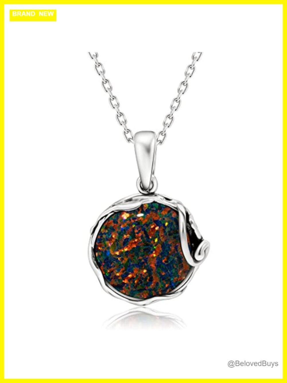 925 Sterling Silver Simulated Black Opal Pendant Necklace 20in Women
